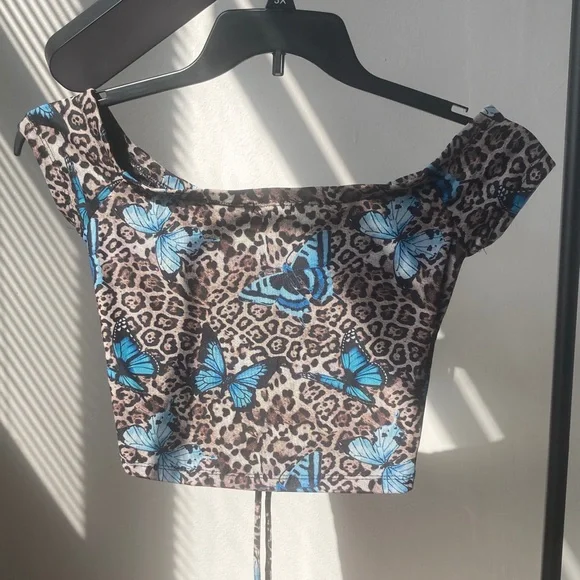 3/$12 Rue21 top Butterfly animal print cinch string in front casual boho M jr - Picture 12 of 17